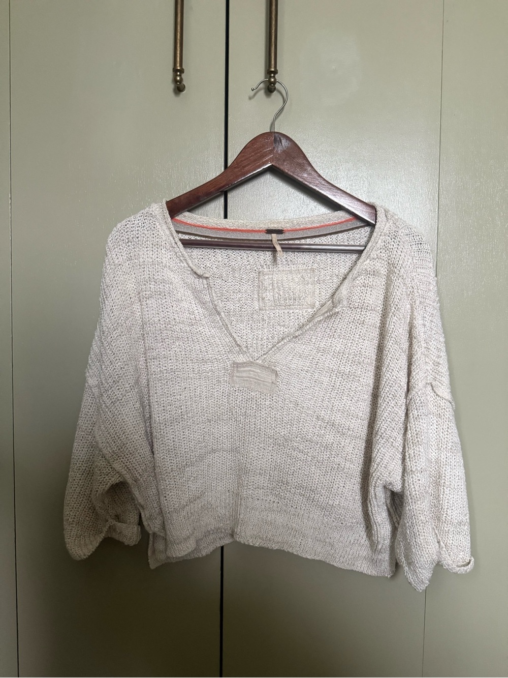 Free People Ivory Distressed Open Knit Cropped Sweater XS/S